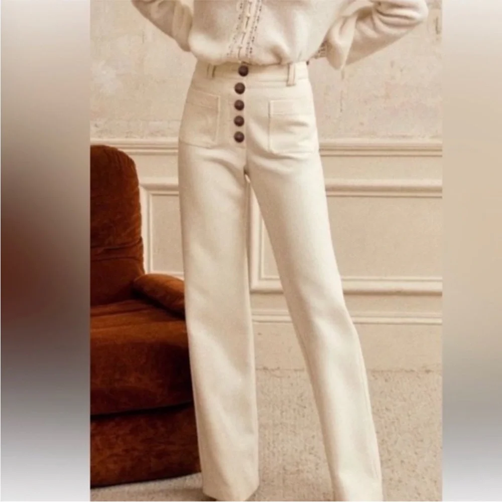 House of Harlow 1960 Cream Ribbed Wide Pants Size 6 High Rise Button Front - Picture 6 of 7